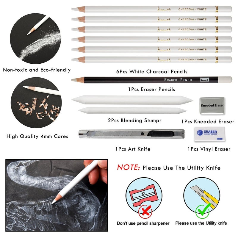 Brusarth White charcoal Pencils Set - 12 Piece Sketch Highlight White Pencils Set for Drawing, Sketching, Shading, Blending, Artist Pencils for Artists, Professionals or Beginners - Image 2